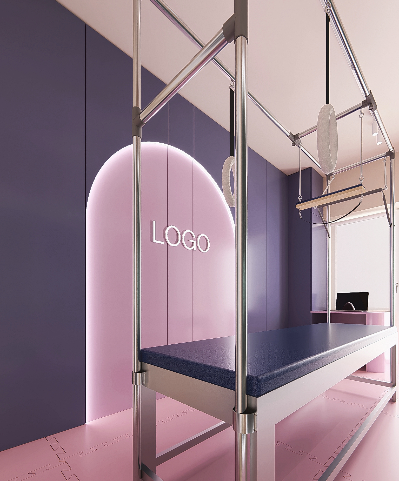 Purple arch with logo